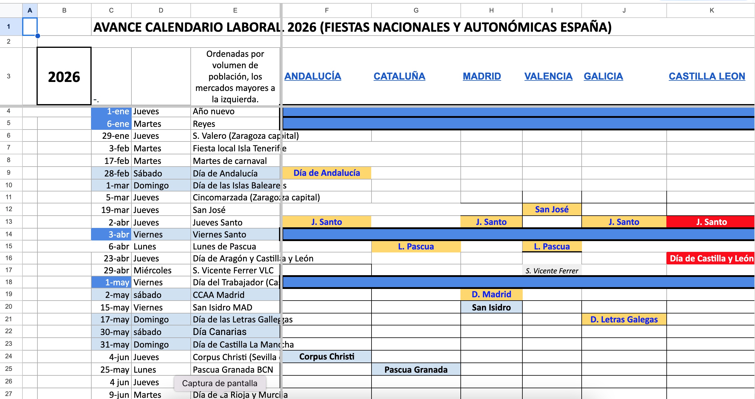 Calendario de Fiestas nacionales y autonomicas 2026